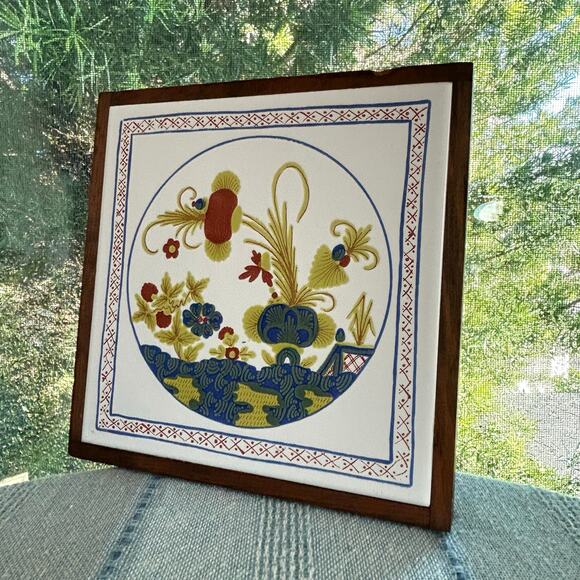 Vintage Semigres Italy Tile Trivet with Wood Frame – Floral Design - Picture 7 of 15